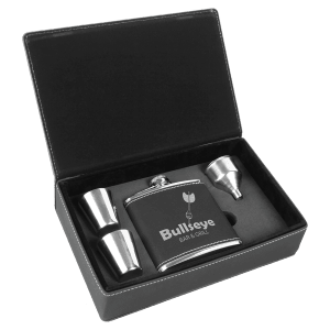 6 oz. Black/Silver Laserable Leatherette Flask Gift Set