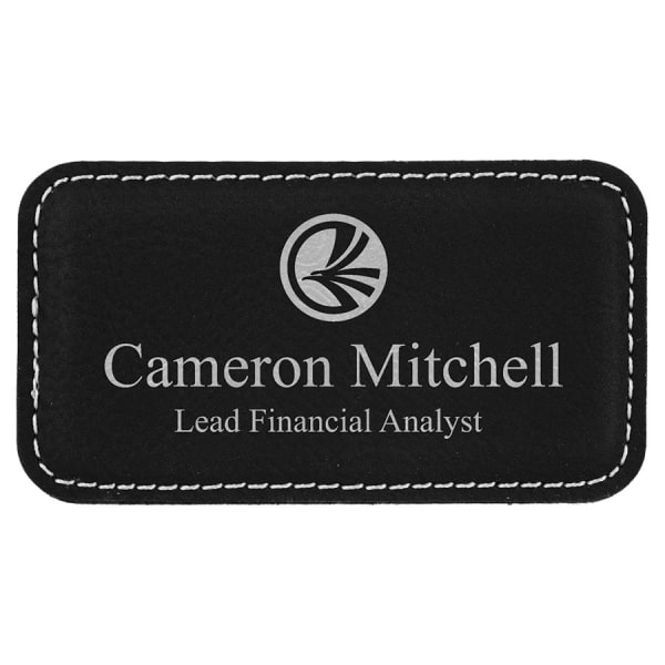 3 1/4″ x 1 3/4″ Black/Silver Laserable Leatherette Badge Blank with Magnet