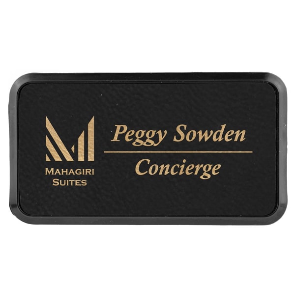 3″ x 1 1/2″ Black/Gold Laserable Leatherette Round Corner Badge & Frame
