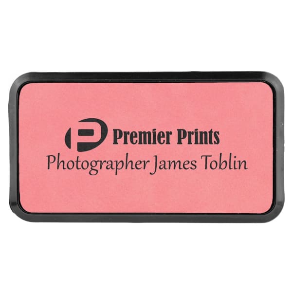3″ x 1 1/2″ Pink Laserable Leatherette Round Corner Badge & Frame