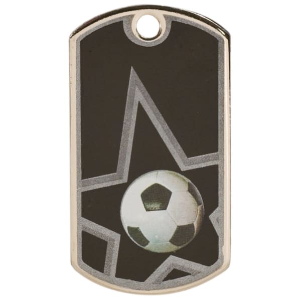 2″ Black/Silver Soccer Laserable Star Dog Tag