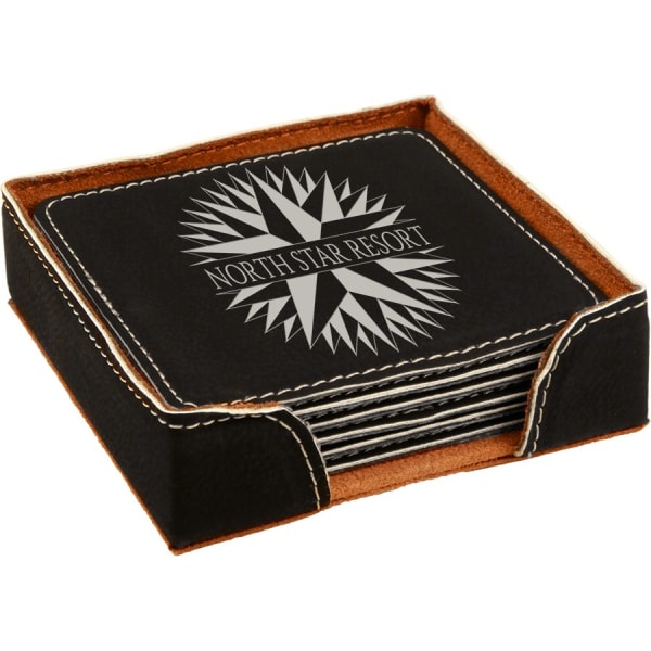 4″ x 4″ Black/Silver Square Laserable Leatherette 6-Coaster Set