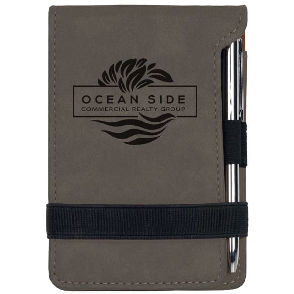 3 1/4″ x 4 3/4″ Gray Laserable Leatherette Mini Notepad with Pen