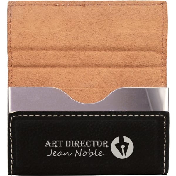3 3/4″ x 2 3/4″ Black/Silver Laserable Leatherette Hard Business Card Holder