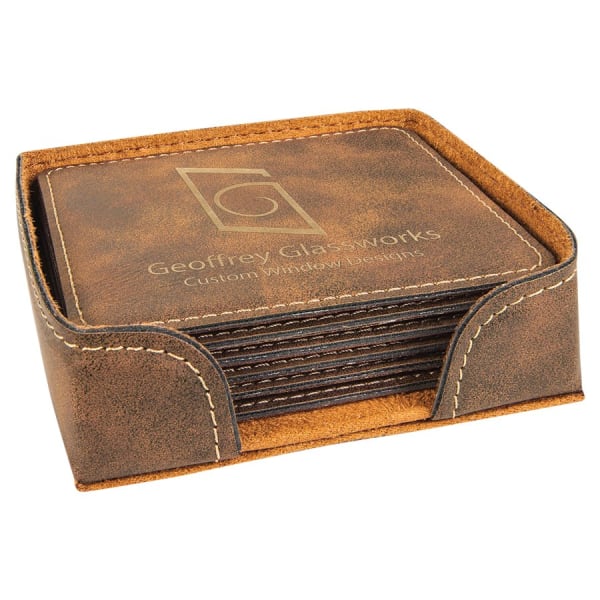 4″ x 4″ Rustic/Gold Square Laserable Leatherette 6-Coaster Set