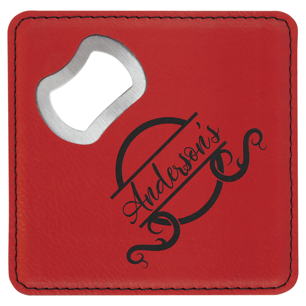 4″ x 4″ Square Red Laserable Leatherette Bottle Opener Coaster