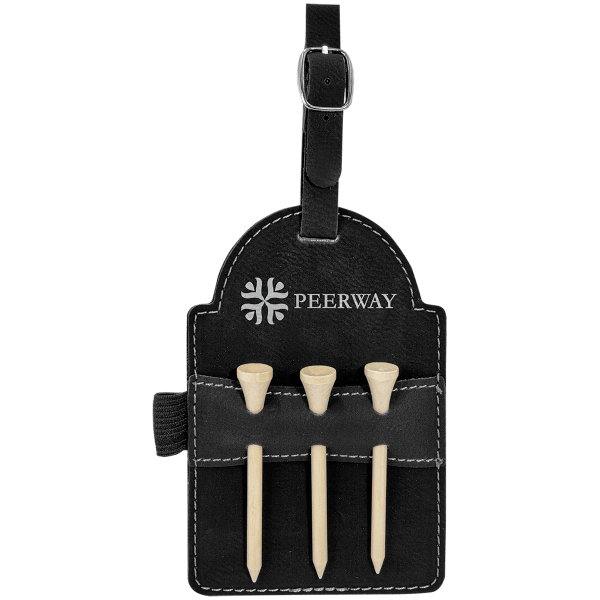 5″ x 3 1/4″ Black/Silver Laserable Leatherette Golf Bag Tag with 3 Wooden Tees