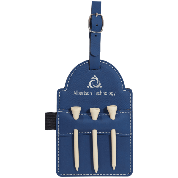 5″ x 3 1/4″ Blue/Silver Laserable Leatherette Golf Bag Tag with 3 Wooden Tees