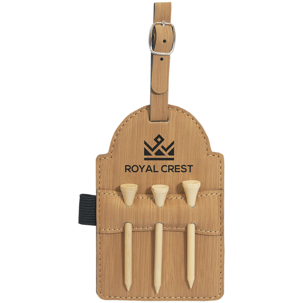5″ x 3 1/4″ Bamboo Laserable Leatherette Golf Bag Tag with 3 Wooden Tees