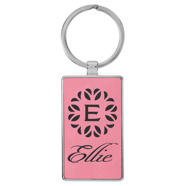 2 3/4″ x 1 1/4″ Laserable Leatherette/Metal Pink Rectangle Keychain