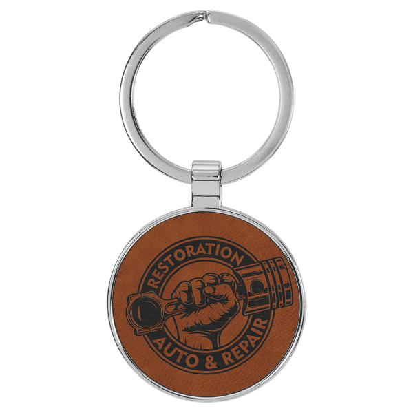 1 1/2″ Laserable Leatherette/Metal Rawhide Round Keychain