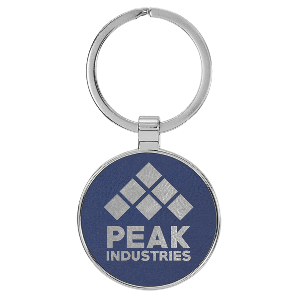 1 1/2″ Laserable Leatherette/Metal Blue/Silver Round Keychain