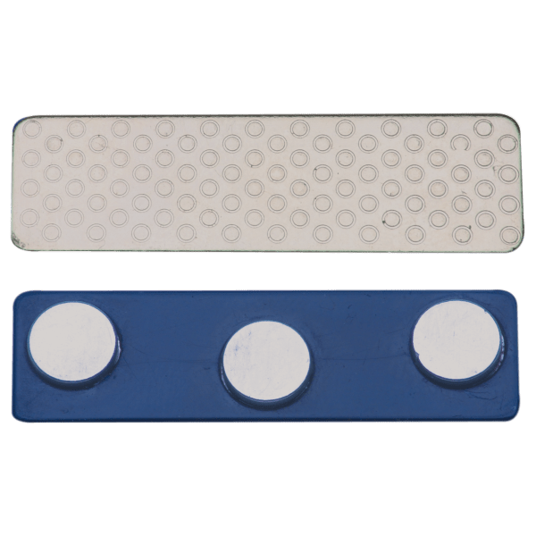 1 3/4″ x 1/2″ 3-Post Blue Plastic Backed Magnet with Adhesive