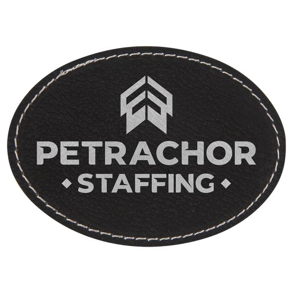 3 1/2″ x 2 1/2″ Black/Silver Laserable Leatherette Oval Patch with Adhesive