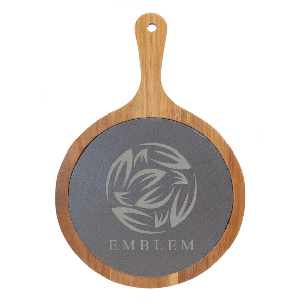 8 1/4″ x 12 1/4″ Round Acacia Wood/Slate Serving Board with Handle