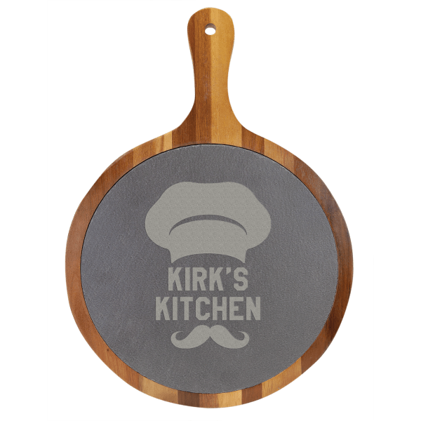10 1/2″ x 14 1/2″ Round Acacia Wood/Slate Serving Board with Handle