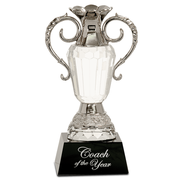 8″ Crystal Cup with Silver Metal Handles on Black Pedestal Base