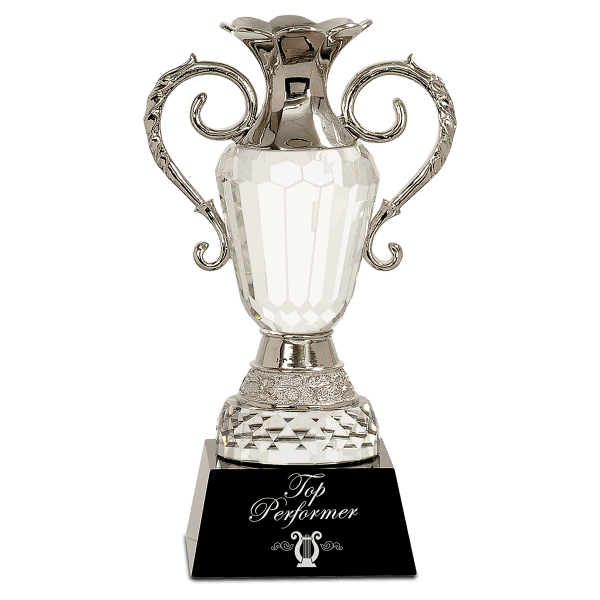 10″ Crystal Cup with Silver Metal Handles on Black Pedestal Base