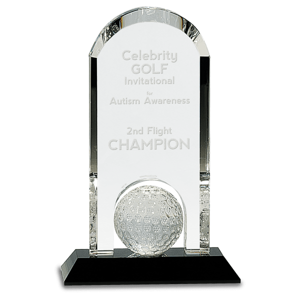 9″ Clear Crystal Dome with Inset Golf Ball on Black Pedestal Base