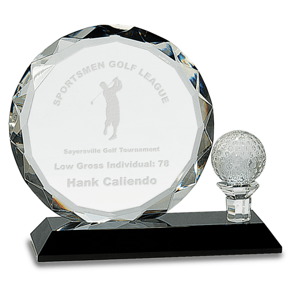 6 1/2″ Round Facet Crystal with Golf Ball on Black Pedestal Base