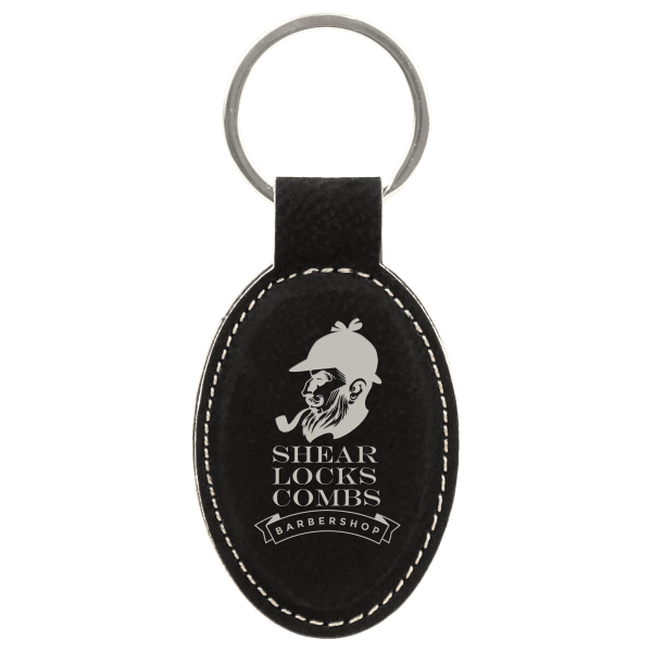 3″ x 1 3/4″ Black/Silver Laserable Leatherette Oval Keychain
