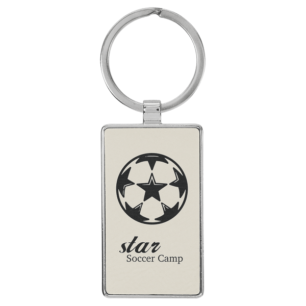 2 3/4″ x 1 1/4″ Laserable Leatherette/Metal White Rectangle Keychain