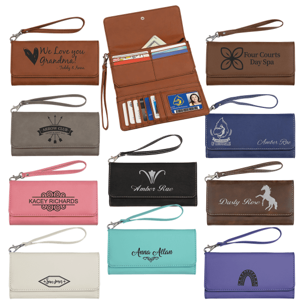 7 1/2″ x 4″ Laserable Leatherette Wallet with Strap Sample Set