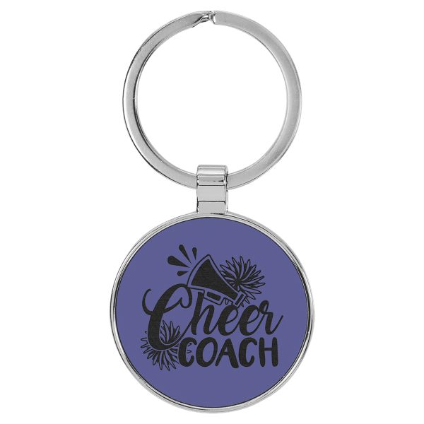 1 1/2″ Laserable Leatherette/Metal Purple Round Keychain