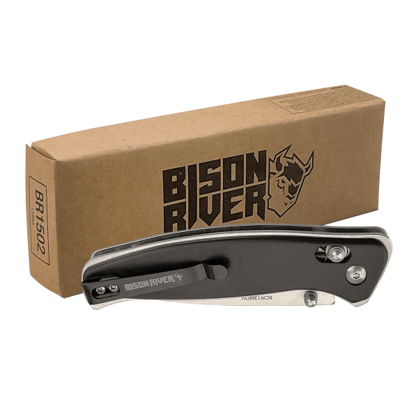 Bison River 4 1/2″ Black Button Lock Folding Knife with Clip