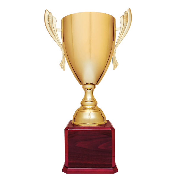 24 3/4″ Gold Completed Metal Cup Trophy on Rosewood Royal Piano Finish Base