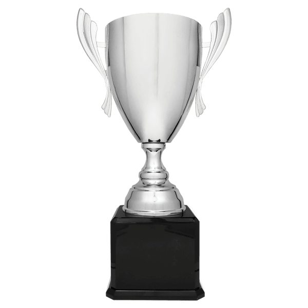 24 3/4″ Silver Completed Metal Cup Trophy on Black Royal Piano Finish Base