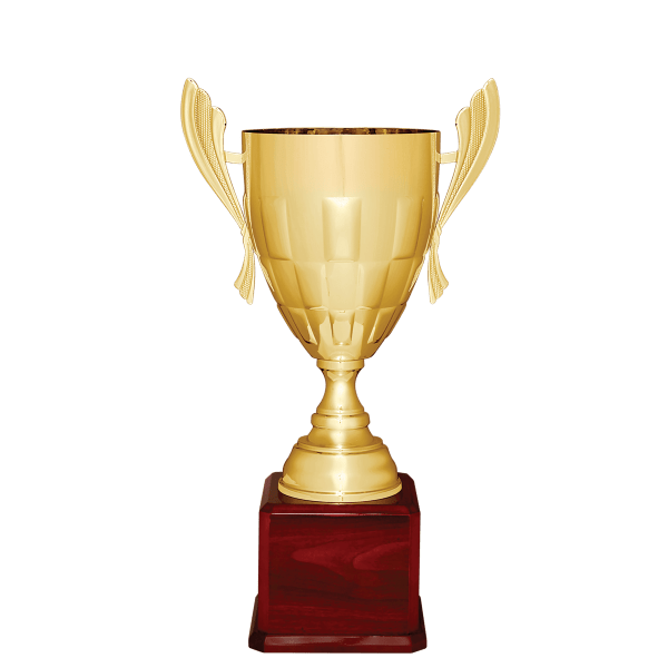 24 3/4″ Gold Completed Metal Cup Trophy on Rosewood Royal Piano Finish Base
