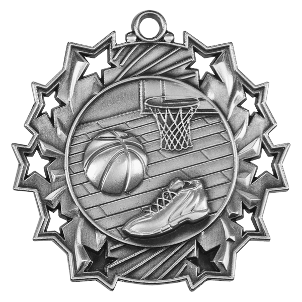 2 1/4″ Antique Silver Basketball Ten Star Medal
