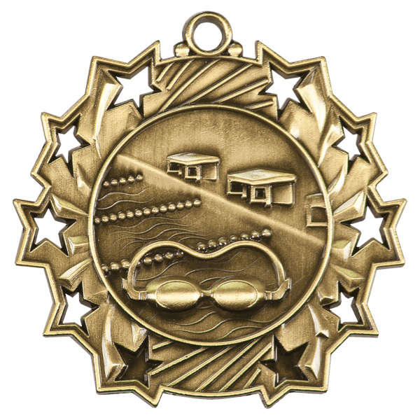 2 1/4″ Antique Gold Swimming Ten Star Medal