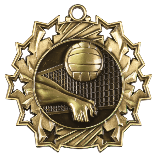 2 1/4″ Antique Gold Volleyball Ten Star Medal