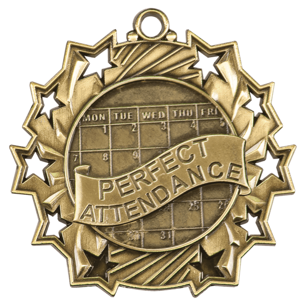 2 1/4″ Antique Gold Perfect Attendance Ten Star Medal