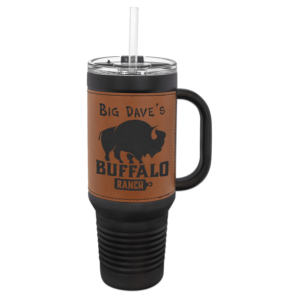 Polar Camel 40 oz. Black with Rawhide Laserable Leatherette Travel Mug with a Handle & Straw