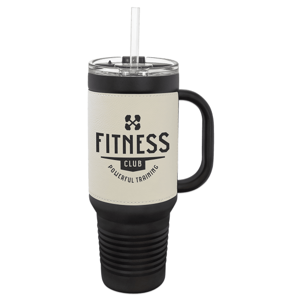 Polar Camel 40 oz. Black with White Laserable Leatherette Travel Mug with a Handle & Straw