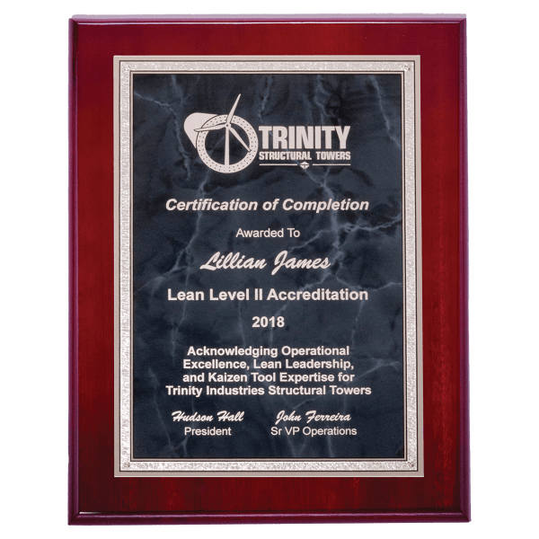 7″ x 9″ Airflyte Rosewood High Gloss Plaque with Gray Marble/Silver Florentine Border Plate