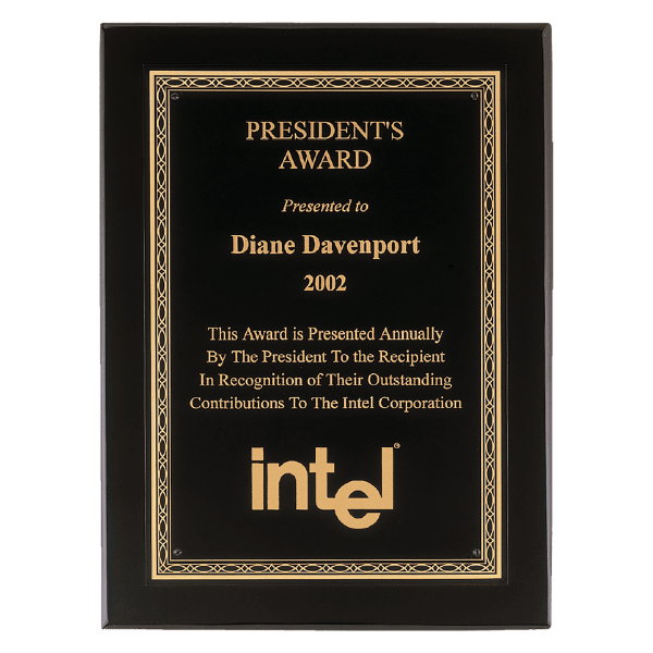11″ x 14″ Airflyte Premium Black Piano Finish Plaque with Gold Florentine Border Laserable Black Brass Plate