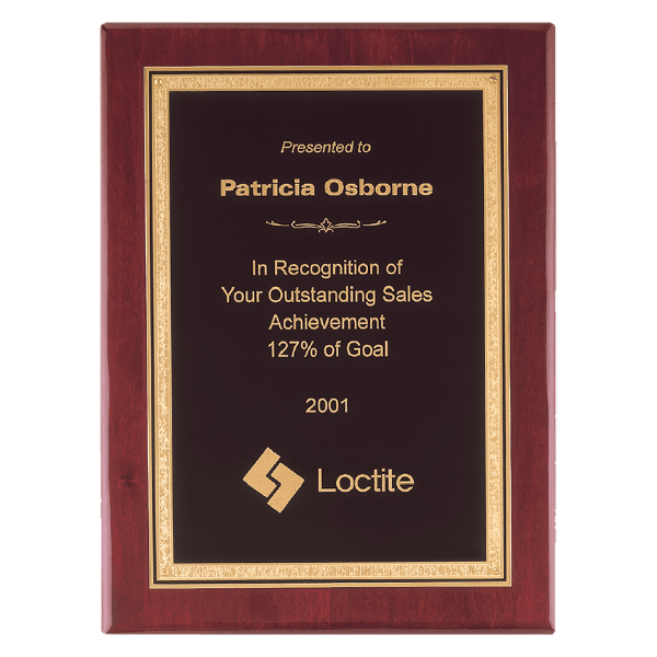 7″ x 9″ Airflyte Premium Rosewood Piano Finish Plaque with Gold Border FLorentine Border Black LaserFX Plate