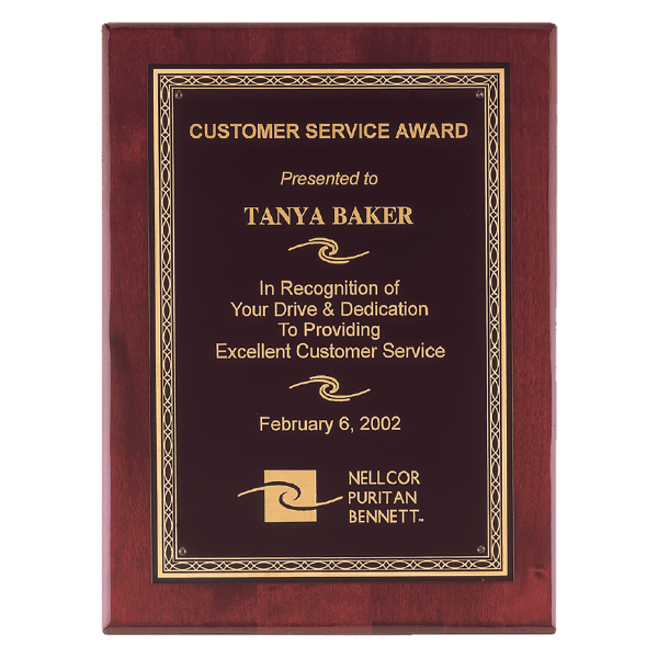 7″ x 9″ Airflyte Premium Rosewood Piano Finish Plaque with Gold Florentine Border Laserable Black Brass Plate