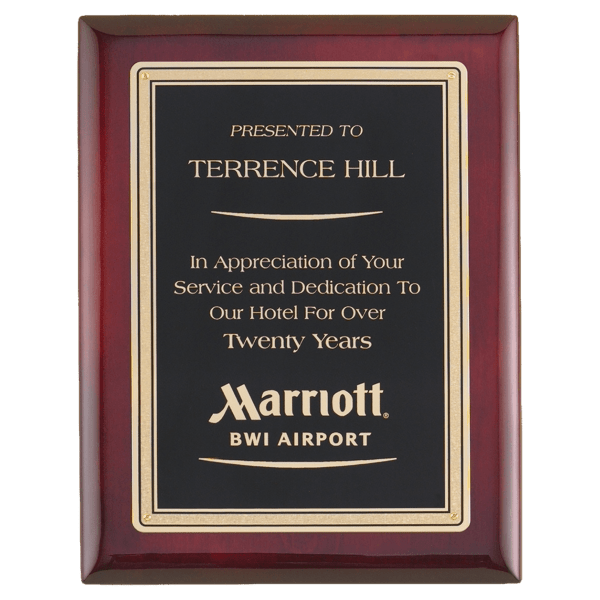 7″ x 9″ Airflyte Premium Rosewood Piano Finish Plaque with Gold Border Black LaserFX Plate