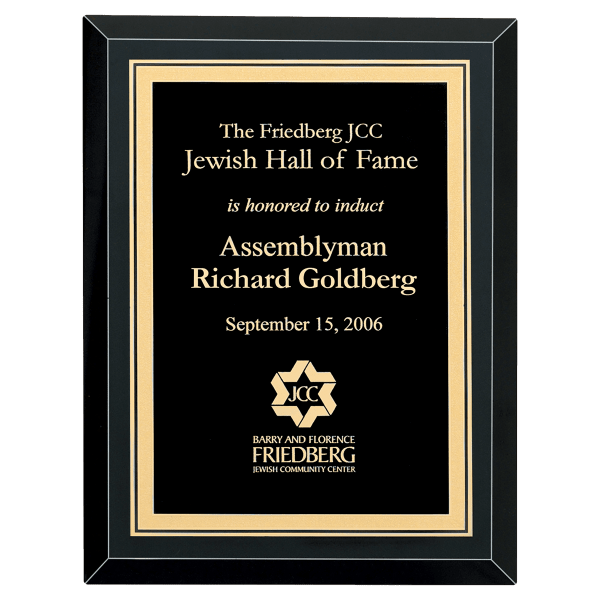 7″ x 9″ Airflyte Premium Black Mirror Glass Plaque with Gold Florentine Border LaserFX Plate