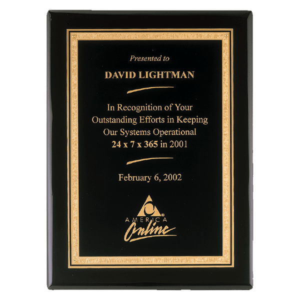 7″ x 9″ Airflyte Premium Black Piano Finish Plaque with Gold Florentine Border LaserFX Plate