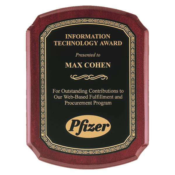 10 1/2″ x 13″ Airflyte Rosewood Piano Finish Plaque with Black Florentine Gold LaserFX Plate