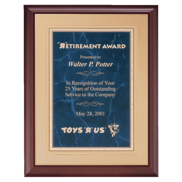 11″ x 14″ Hand Rubbed Cherry Finish Plaque with a Sapphire Gold Border Florentine LaserFX Plate on an Gold Embossed Back Plate