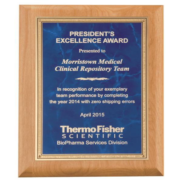 7″ x 9″ Natural Alder Wood Plaque with Sapphire Marble Gold Florentine Bordered LaserFX Plate