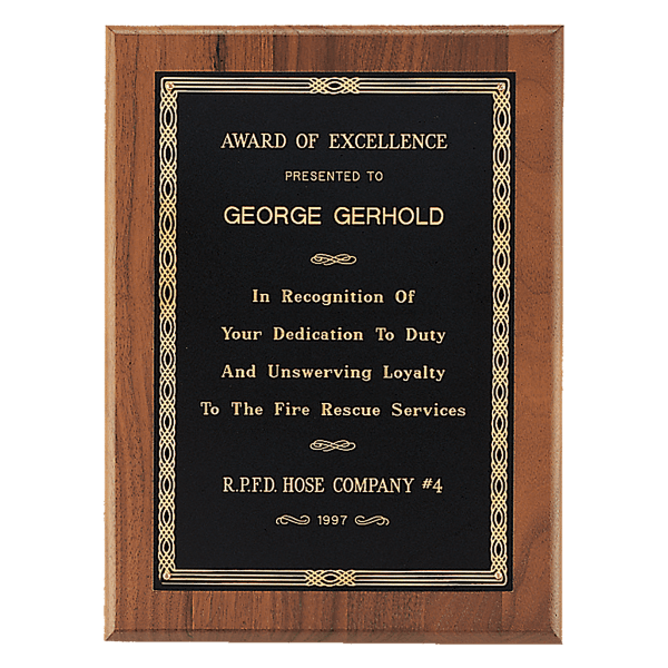 8″ x 10″ Black Laserable Gold Border Plate on an American Walnut Plaque – Sheffield Series