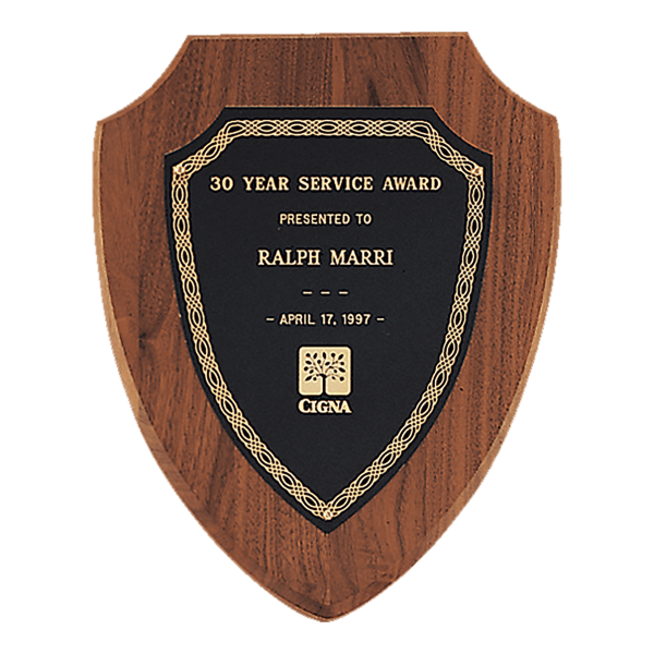 8 1/2″ x 10 1/2″ Jewelers Black Laserable Gold Border Shield Plate on an American Walnut Shield Plaque- Sheffield Series